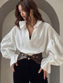Autumn Fashion Retro Textured Women's Blouse, Deep V-Neck, Flowy Bell Sleeves, Elegant Autumn Fashion Women's Top White - White - View 3