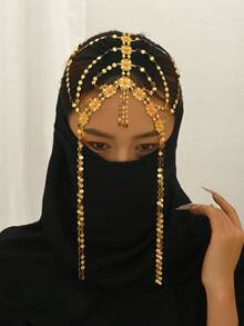 1pc Vintage Arabic Bridal Gold-Plated Multi-Layer Sequin Floral Tassel Head Chain, Women's Wedding Evening Party Costume Accessory - Golden - View 5