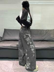 1件韓式街頭風女款刺繡寬腿鬆身長褲，舒適四季牛仔長褲（本產品不含腰帶/配件） - 淺灰色 - 查看 11