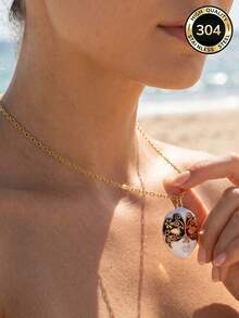 Stainless Steel Retro Floral Masquerade Mask Pendant, Gold-Plated Enamel Personalized Necklace - Gold - View 7