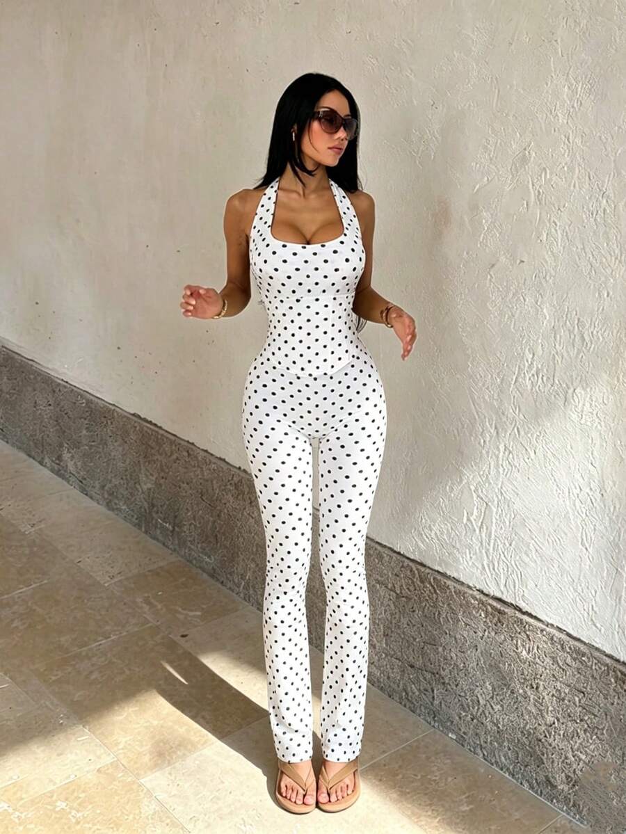 Summer Polka Dot Suit, Women's Simple And Elegant Halter Top, Three-Quarter Pants Suit, Suitable For Sports, Fitness, Office, And Commuting - White - View 1