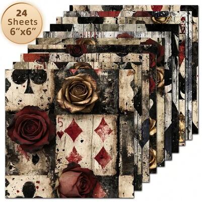 24 Sheets 6x6 Inch Vintage Distressed Wood Grain Poker Red Rose Scrapbooking Decorative Paper, Worn Paint Old Wooden Board Base Spade Heart Diamond Club Playing Cards Gold Red Rose Junk Journal Background Paper, Mottled Ink Splatter Dirty Dye Texture Matte Cardstock, Dark Gothic Style Greeting Cards, Vintage Nostalgic Photo Album, Dark Wedding Favors DIY Handmade