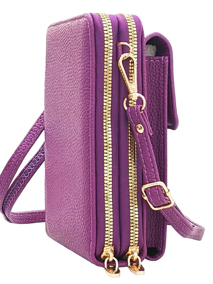 Multifunctional Large Capacity Double Zipper Phone Wallet Crossbody Bag, Fashionable Minimalist Yet Elegant And Feminine Style, Essential For Casual Outings, Vacations And Dates - Purple - View 7