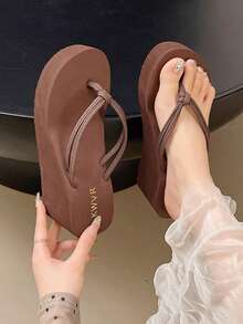 Women's Thick-Soled Wedge Flip Flops, Summer Height-Increasing Non-Slip Thong Sandals, Outdoor Beach Casual Slides - Brown - View 1