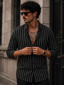 Men's Slim-Fit Striped Casual Long-Sleeve Button-Up Shirt - Soft Textured Cotton-Linen Blend Breathable Shirt For Modern Smart-Casual & Everyday Wear - Black - View 4