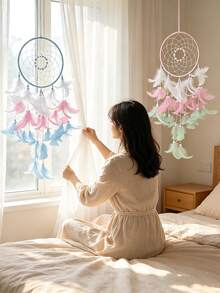 1pc Girls Dream Catcher, Butterfly Center, Pink And White Mixed Feathers And Transparent Beads, Bedroom Pink Decoration, With Decorative Box And White Raffia - Multicolor - View 5