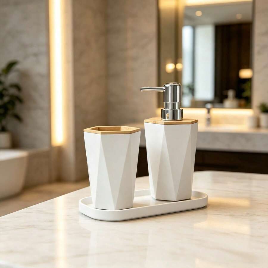 3 Piecesminimalist Black And White Geometric Bathroom Accessory Set, Bamboo Decorative Soap Dispenser, Toothbrush Cup With Trays, Modern Dressing Tables, Countertops, Home Bathroom Decorations