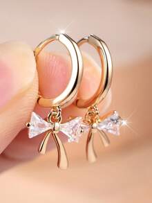 1 Pair Of Delicate Cubic Zirconia-Inlaid Zirconia Bow-Shaped Pendant Earrings For Women-Versatile Earrings For Everyday Commuting - Yellow Gold - View 5