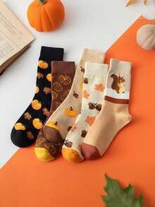 5 Pairs Women's Autumn Mid-Calf Socks, Cute Cartoon Squirrel Pumpkin Acorn Maple Leaf Pattern, Thanksgiving Casual Everyday Socks - Multicolor - View 4