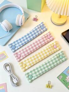 5/1pc Premium Fabric Cable Organizer Strap, Cute Plaid Cable Management Clip With Heart Button, Earphone/Charging Cable Cord Wrap, Portable Desktop Travel Cable Fixer, Multi-Color Decorative Cable Storage Accessory - Multicolor - View 10