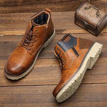Men's Vintage Work Boots, Multi-Color Patchwork Design Upper, Inner Zipper, Non-Slip Wear-Resistant Rubber Sole, Commuting Hiking Ankle Boots - Brown - View 6