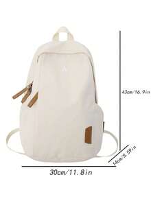 Solid Color Canvas Zipper Large Capacity Multi-Pocket Lightweight Student Backpack, Suitable For Back To School Campus Travel, For Students And Teenagers, Random Letter - Beige - View 5