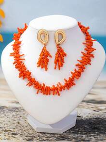Women's Jewelry Set Bohemian Beach Vacation Faux Coral Necklace & Earrings Set, Suitable For Vacation Wear - Orange - View 6