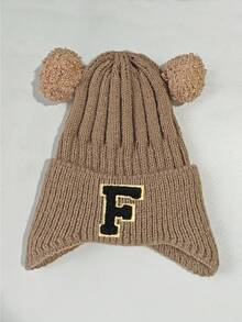 1pc Infant Ribbed Knitted Earflap Beanie With A-Z Letter , Cute Double Pom Pom Bear Ear Decor Winter Warm Toddler Hat Suitable For 1-3 Years Old - Khaki - View 6