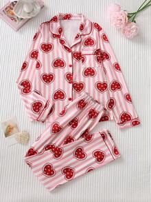 Setelan Piyama Wanita Motif Garis-Garis dan Hati, 2 Potong, Atasan Lengan Panjang dengan Kerah dan Celana Panjang Pinggang Elastis, Pakaian Santai yang Lembut - Merah - View 1