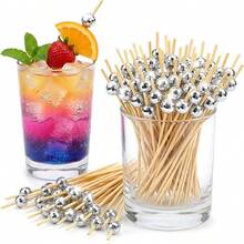 Silver F Earth Shaped Cocktail Picks | 4.72 Inch Bamboo Fruit Toothpicks, Appetizers Drinks Food, Suitable For Christmas, Halloween, Valentine's Day, Birthday Wedding Celebration Decoration. - Silver - View 2