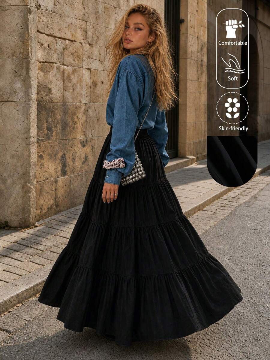 EARO Women's Solid Color Minimalist Casual Commute Versatile Multi-Layer Pleated High Waist Knee-Length A-Line Skirt, Spring/Summer Holiday Design, Elegant Black - Black - View 1