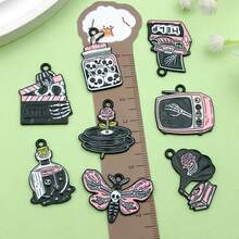 2/8pcs Black Gothic Enamel Charms Alloy Skeleton Moth Record Player Skull Pendant For DIY Halloween Bracelet Necklace Earring Jewelry Making Findings - Black - View 5