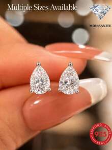 AnlaScheer 1pc S925 Sterling Silver Pear-Shaped Moissanite Flat Back Piercing Stud Earrings, Multiple Sizes, Silver Color Exquisite Jewelry For Women - Silver - View 3