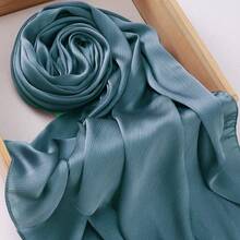 1pc Modest Crinkled Satin Hijab, Solid Color Muslim Headscarf - Teal Blue - View 2