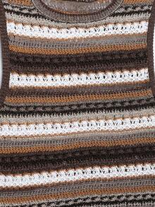 ACKCER Women's Spring/Autumn Mixed Brown & White Horizontal Striped Hollow Round Neck Fitted Sleeveless Knit Vest - Multicolor - View 9