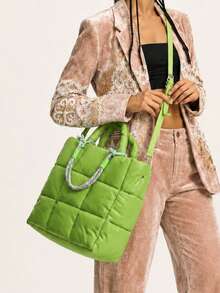 Women Handbag,Quilted Puffer Tote Bag,Grid Check Pattern,Faux Leather,Large Capacity,Minimalist Fashion For Autumn Winter Daily Work Shopping - Multicolor - View 8