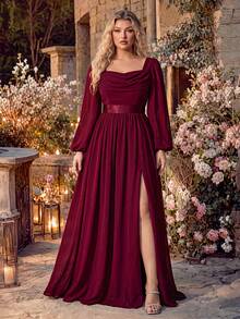 Women's Elegant Heart-Neckline Formal Evening Gown, Sexy Lantern Sleeves With High Slit Fall - Burgundy - View 5