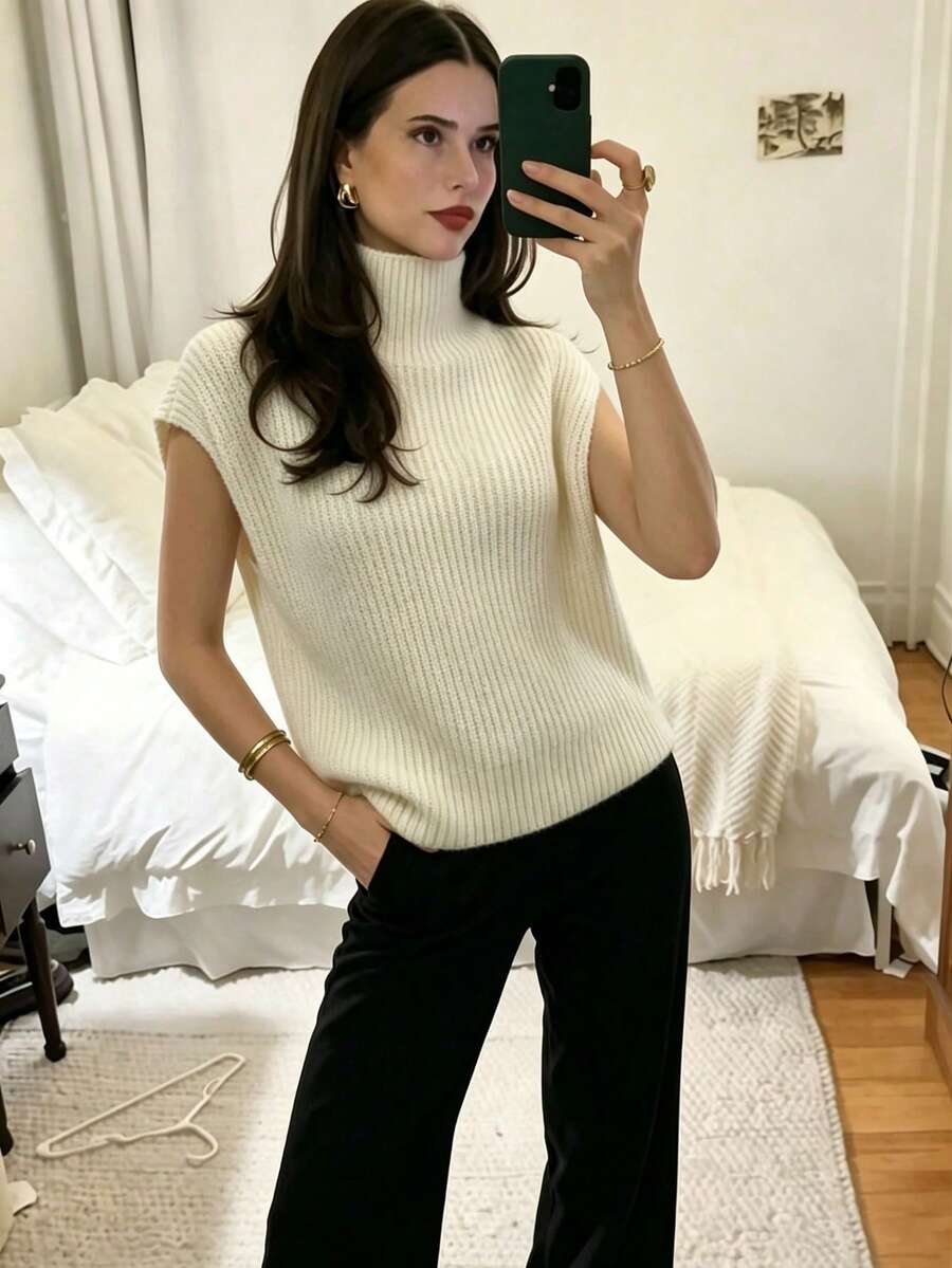 Apricot Ribbed Semi-High Neck Sleeveless Loose Knit Vest Top Casual Knit Tank Top Daily Street Style Coffee Outing Light Commute O - Apricot - View 1