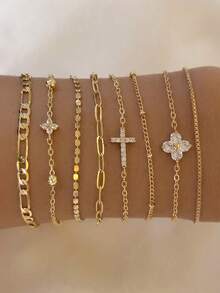 8pcs Luxury INS Rhinestone Flower & Cross Bracelet Set, Hip Hop Personalized Metal Thin Chain Layered Hand Jewelry - 8-piece Set - View 6