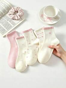 5 Pairs Of Ladies Socks Bow Polka Dot Printed Stockings, Soft And Sweet Pure Wind Leisure Socks, Suitable For Daily Campus And Dating. - Multicolor - View 3