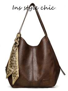 Solid Color Pleated Texture Shoulder Bag With Heart Print Scarf, Large Capacity Tote Bag For Books, Umbrellas, Water Bottles And Other Personal Items, Suitable For Daily Commute, Short Trips, Shopping And Everyday Outings - Brown - View 7