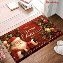 2D 1pc Santa Claus And Christmas Tree Pattern Welcome Mat - "Merry Christmas" Text, Machine Washable, Holiday Holly Berry And Gold Accent Decoration, Christmas Mat, Suitable For Doorway, Bedroom, Bathroom, Kitchen, Holiday Decor - Red - View 1