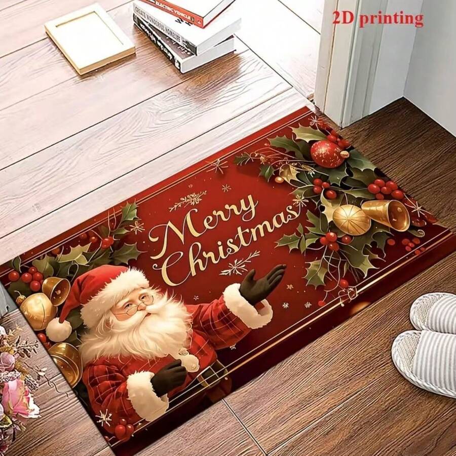 2D 1pc Santa Claus And Christmas Tree Pattern Welcome Mat - "Merry Christmas" Text, Machine Washable, Holiday Holly Berry And Gold Accent Decoration, Christmas Mat, Suitable For Doorway, Bedroom, Bathroom, Kitchen, Holiday Decor - Red - View 1