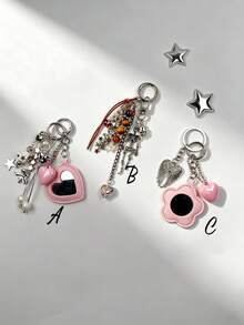 1pc Fashion Pink Mirror With Beaded Chain Pendant Bag Accessory Charm Keychain, Suitable For Women's Shoulder Bag, Tote Bag Charm, Keychain Pendant - Multicolor - View 10