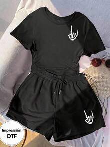 Set de dos piezas Playera cuello redondo y shorts, Productos Casuales, Ideal para uso diario. - Negro - Ver 1