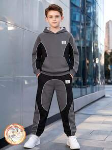 Boys' Autumn/Winter 2 Pieces Set, Colorblock Striped Raglan Hooded Sweatshirt And Cuffed Sweatpants Casual Sports Outfit - Grey - View 1