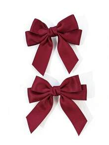 2pcs Women's Solid Color Satin Double Ponytail Bow Hair Clips, Versatile Side Hair Accessories For Campus Photos, Sweet Girl Style, Smooth Fabric Material, Back To School Season Gift - Wine Red - View 6