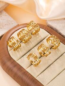 6pcs Vintage Personalized Multi-Layer Design Hollow Leaf Stainless Steel Rings, Suitable For Women's Daily Wear Or Party - Gold - View 2