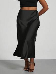 Gaun Panjang Satin Hitam Ukuran Plus yang Elegan, Desain Duyung dari Kain Tenun, Sedikit Elastis, Cocok untuk Pakaian Malam - Hitam - View 6