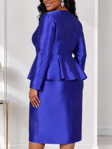 AOMEI Elegant Royal Blue Satin Peplum Church Dress Long Sleeve Rhinestone Button Trim Bodycon Midi Dresses Office Formal Party Outfit Fall New - Blue - View 4