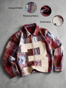 Graffiti Plaid Jacquard Thickened Zipper Jacket, Plus Size 23, Decorated With Embroidery Applique, Loose Fit Y2K Hip-Hop Streetwear Jacket - Red - View 1
