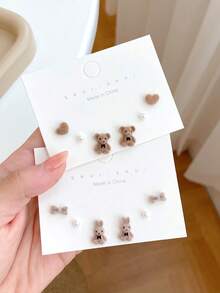 6 Pairs Women's Fashion Autumn/Winter Cute Flocked Bear & Rabbit Stud Earrings, Korean Style Cartoon Girl Flocked Earring Set - Multicolor - View 6