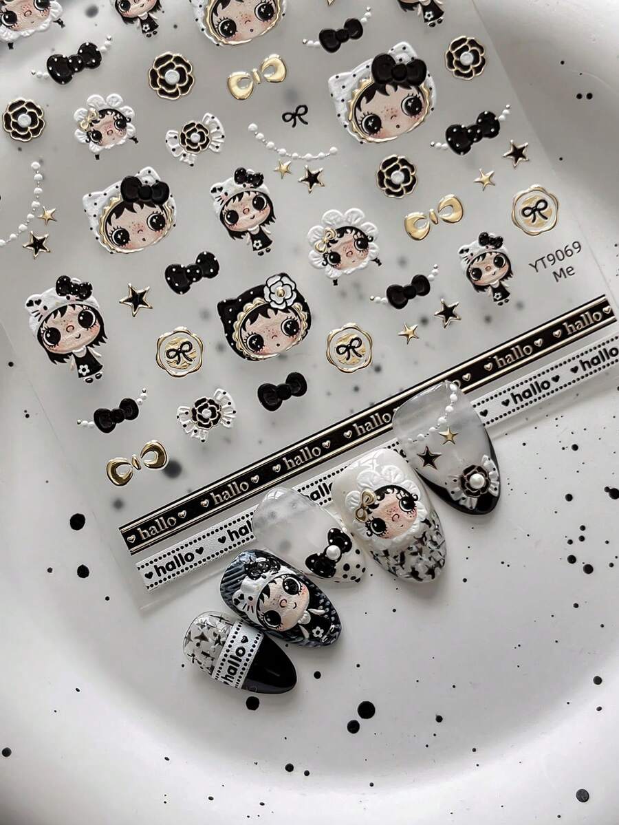 Cute Little Jade Doll Nail Stickers, Minimalist Ins Style Bow & Polka Dot Viral Nail Decals - Multicolor - View 1