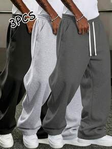 3pcs Men's Casual Fashion Sports Long Pants, Minimalist Solid Color Wide Leg Design, Drawstring Waist, Large Pockets, Suitable For Daily Walking, Work, Travel And Other Occasions - Multicolor - View 1