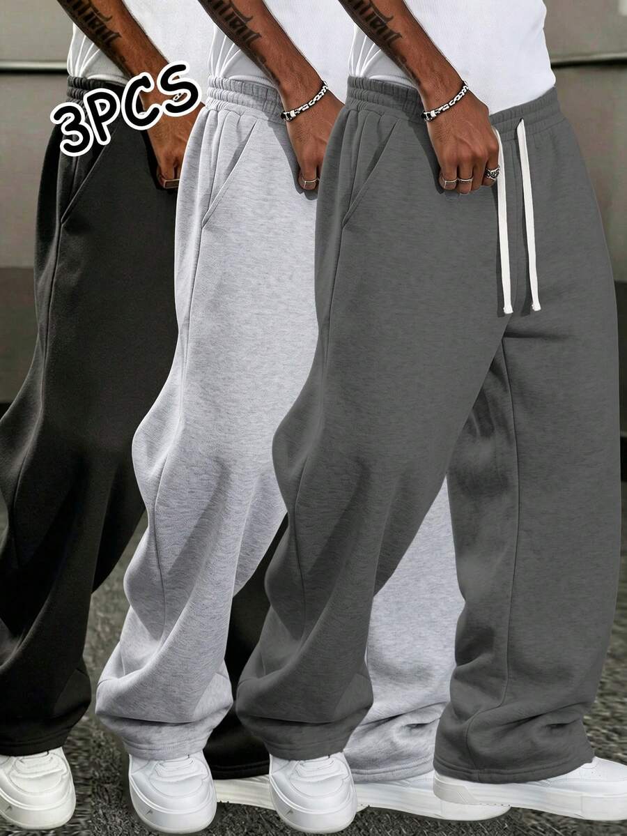 3pcs Men's Casual Fashion Sports Long Pants, Minimalist Solid Color Wide Leg Design, Drawstring Waist, Large Pockets, Suitable For Daily Walking, Work, Travel And Other Occasions - Multicolor - View 1