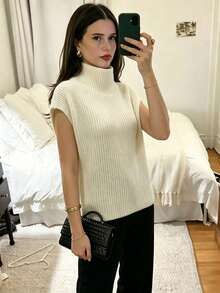 Apricot Ribbed Semi-High Neck Sleeveless Loose Knit Vest Top Casual Knit Tank Top Daily Street Style Coffee Outing Light Commute O - Apricot - View 3
