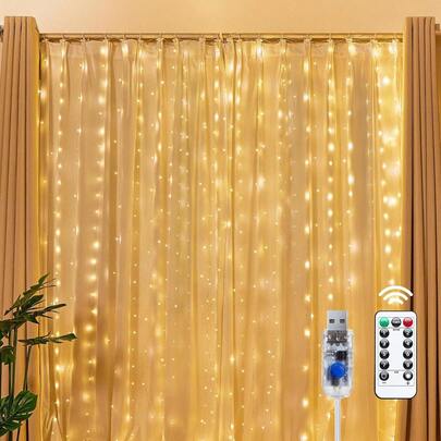 300 LED Fairy Curtain Lights 9.8x9.8Ft, USB Powered Hanging Window String Lights With Remote Control, 8 Modes & Timer Dimmable Waterfall Lights For Bedroom Party Wedding Holiday Room Decor