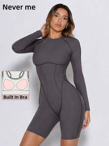 Never me Women's Sports Shorts Round Neck Long Sleeve Hollow Back Cutout Tight Fit Bodysuit - Grey - View 5