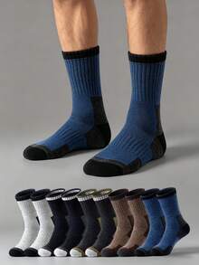 1/5 Pairs Men's Vintage Colorblock Ski Snow Socks, Thickened Sports Terry Warm Mid-Calf Socks With Fleece Lining - Multicolor - View 1