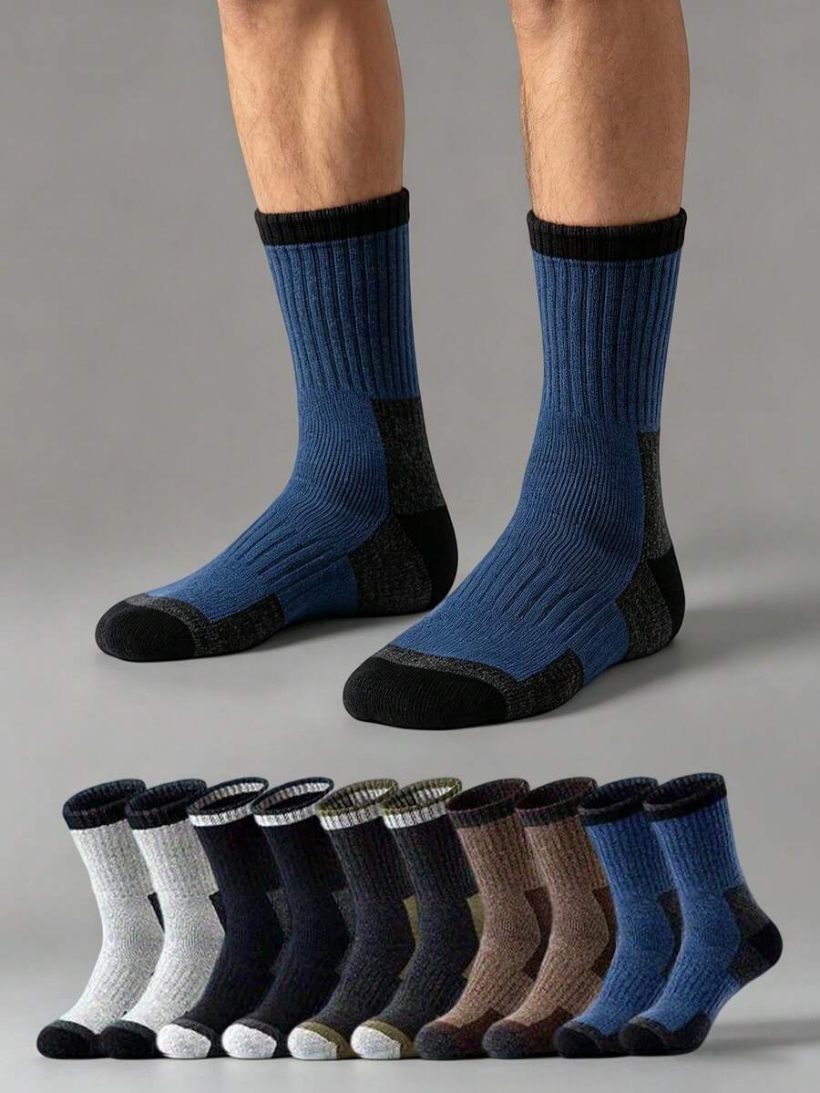 1/5 Pairs Men's Vintage Colorblock Ski Snow Socks, Thickened Sports Terry Warm Mid-Calf Socks With Fleece Lining - Multicolor - View 1
